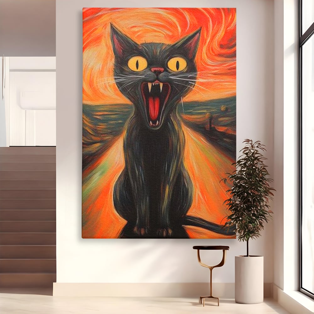 Tablou canvas cu tablou canvas cu pisica neagra care urla, fara rama, pe sasiu de lemn